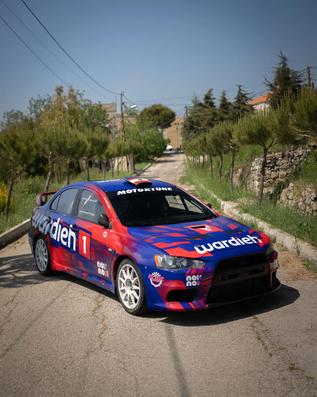 The Lancer Evo rally car on a mountain road