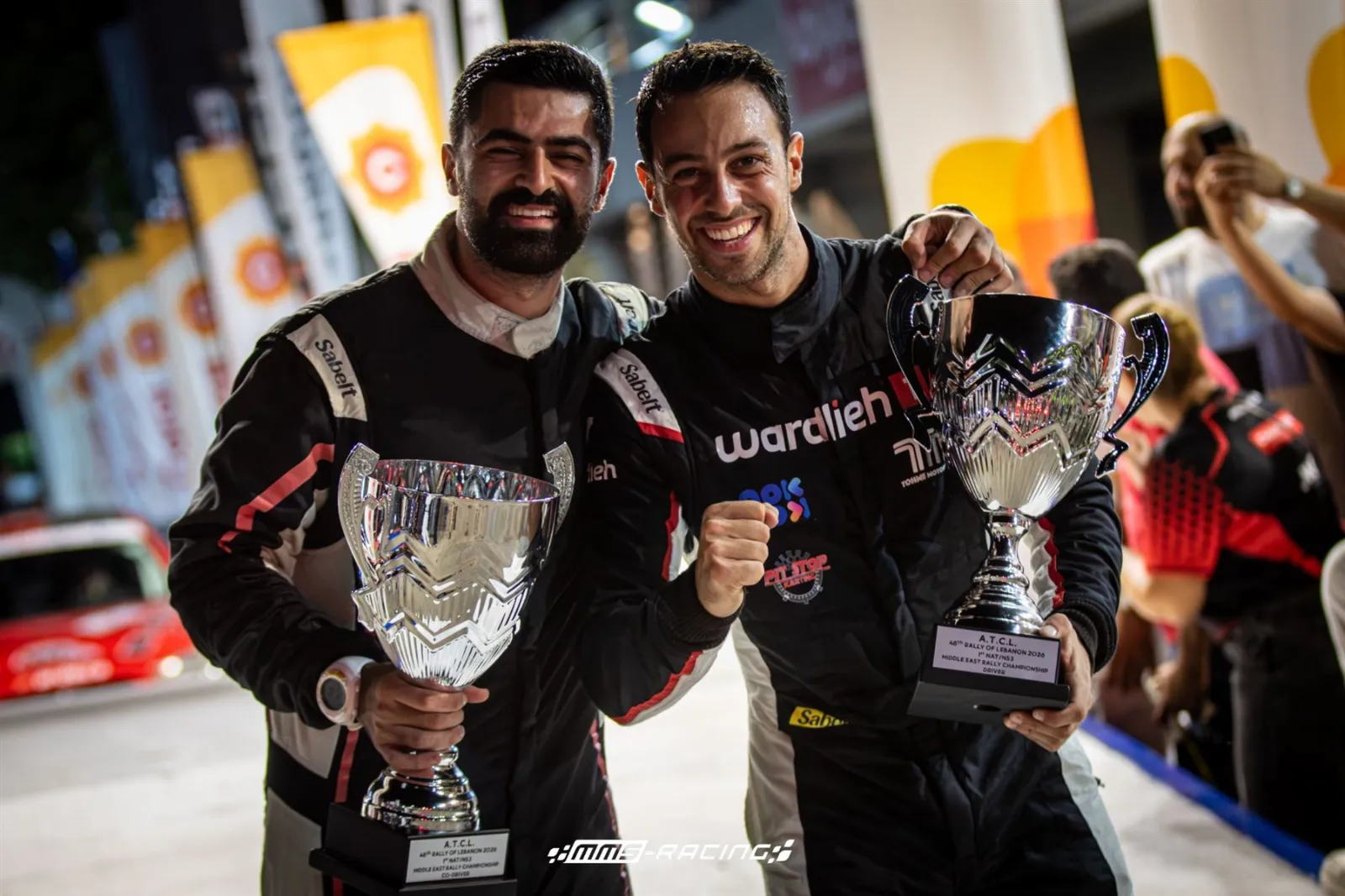 Carl Rizk and Karim Abou Elias with their trophies at the Rally of Lebanon 2026